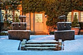 FELLEY PRIORY, NOTTINGHAMSHIRE: WINTER - SNOW ON STEPS, THE PRIORY, FORMAL, CLIPPED, TOPIARY, YEW, HEDGING, HEDGES, TAXUS, DECEMBER, CASTLES, ENGLISH, COUNTRY, GARDEN