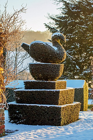 FELLEY_PRIORY_NOTTINGHAMSHIRE_WINTER__SNOW_CLIPPED_TOPIARY_YEW_SWAN_SUNRISE_DAWN_DECEMBER_ENGLISH_CO