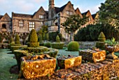 RODMARTON MANOR, GLOUCESTERSHIRE, WINTER. FEBRUARY - THE TROUGHERY. CLIPPED TOPIARY YEW, DAWN LIGHT, SUNRISE, THE MANOR, ENGLISH, COUNTRY, GARDEN
