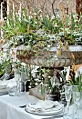 RHS LONDON EARLY SPRING PLANT SHOW, LINDLEY HALL: FEBRUARY. WINTER URN TABLE CENTREPIECE, SNOWDROP BANQUET BY FLORIST ZITA ELZE, GALANTHUS NIVALIS  AND GALANTHUS NIVALIS FLORE PLEN