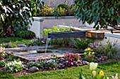 ASCOT SPRING GARDEN SHOW: WATER FEATURE BY PIP PROBERT - RILL, WATER FEATURE, RUSTIC OAK TABLE, COURTYARD, FOMAL, TOWN, SPOUT, STONE, WELL, GRASS, LAWN, CITY