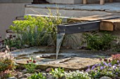 ASCOT SPRING GARDEN SHOW: WATER FEATURE BY PIP PROBERT - RILL, WATER FEATURE, RUSTIC OAK TABLE, COURTYARD, FOMAL, TOWN, SPOUT, STONE, WELL, GRASS, LAWN, CITY , FOUNTAIN