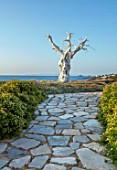 ANTIPAROS, GREECE, DESIGNER THOMAS DOXIADIS: VILLA GARDEN WITH STONE PATH AND WHITE METAL OLIVE TREE SCULPTURE LOOKING OUT TO SEA. PATHS