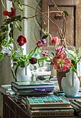 WARDINGTON MANOR, OXFORDSHIRE: SPRING, TULIPS IN VASES, FLOWERS, INDOORS, WHITE, PANELLING, CARNIVAL DE NICE, PARROT TULIP