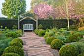 MITTON MANOR, STAFFORDSHIRE: PATH, SEATING, CLIPPED TOPIARY BOX, BUXUS, SPRING, HEDGES, SYMMETRY, FORMAL, ENGLISH, COUNTRY GARDEN, EVERGREEN, SHRUBS, BIRCH, BETULA, SEATS, GREEN