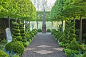 MITTON MANOR, STAFFORDSHIRE: PATH, CLIPPED TOPIARY BOX, BUXUS, HORNBEAM, HEDGES, HEDGING, SPRING, HEDGES, SYMMETRY, FORMAL, ENGLISH, COUNTRY GARDEN, EVERGREEN, GREEN, CHAIRS