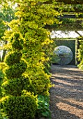 MITTON MANOR, STAFFORDSHIRE: PATH, GRAVEL, TOPIARY, AVENUE, FORMAL, COUNTRY, BOX, TOPIARY, HEDGES, HEDGING, EVERGREEN, SPRING, STEEL, ALLIUM, SPHERE, SCULPTURE BY RUTH MOILLIET