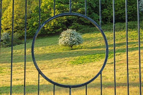 CHILWORTH_MANOR_SURREY_METAL_GATE_IN_THE_WALLED_GARDEN_WITH_VIEW_TO_TREE_AND_LANDSCAPE_BEYOND_SPRING