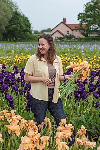 HOWARDS_NURSERIES_NORFOLK_CHRISTINE_HOWARD_WITH_IRISES_IRIS_BEDS_FIELDS__WITH_HOUSE_IN_BACKGROUND_CO
