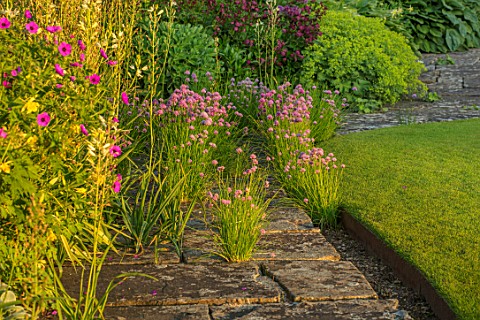 ABLINGTON_MANOR_GLOUCESTERSHIRE_LAWN_STONE_PATH_BORDER_WITH_CHIVES_ROSES_BORDERS_SUMMER