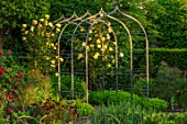 MORTON HALL, WORCESTERSHIRE: KITCHEN GARDEN, POTAGER, ARCH WITH ROSE- ROSA GOLDEN SHOWERS. YELLOW, FLOWERS, FLOWERING, CLIMBER