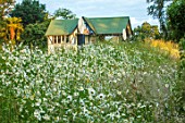 ASTHALL MANOR, OXFORDSHIRE: SUMMERHOUSE, MEADOW, OX EYE DAISIES, SUMMER, ENGLISH, COUNTRY, GARDEN