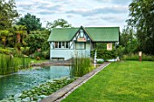 ASTHALL MANOR, OXFORDSHIRE: SUMMERHOUSE, SWIMMING POOL, WATER, WATERLILIES, OUTDDOOR ROOM, BUILDING, SUMMER, ENGLISH, COUNTRY, GARDEN