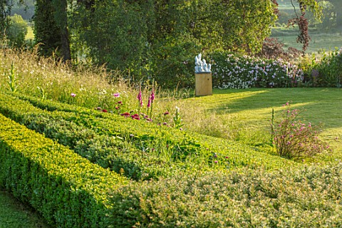ASTHALL_MANOR_OXFORDSHIRE_LAWN_PARTERRE_SCULPTURE_BY_ROB_GOOD_FOXGLOVES_GREEN_ROSES_HEDGES_CLIPPED_T