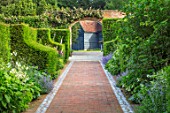WORMSLEY, BUCKINGHAMSHIRE: FLINT AND BRICK PATH, WALLED GARDEN - SUMMER, ENGLISH, COUNTRY, GARDEN, YEW HEDGES, HEDGING