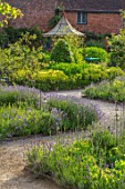 THE WALLED GARDEN AT COWDRAY, WEST SUSSEX: PATHS, LAVENDER, OUTDOOR DINING, SEATING AREA TABLE, CHAIRS, BOX PARTERRES, GREEN, ENGLISH, COUNTRY, GARDEN, AWNING, GAZEBO, AL FRESCO