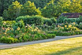 THE WALLED GARDEN AT COWDRAY, WEST SUSSEX: LAWN, BORDERS, ROSES, BOX EDGED BEDS, PARTERRES, ENGLISH, COUNTRY, GARDENS, SUMMER