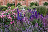 WYNYARD HALL, COUNTY DURHAM: WALLED ROSE GARDEN. BORDERS, SUMMER, JUNE, ROSES, ROSES, DELPHINIUMS, NEPETA, BLUE, PINK, FLOWERS