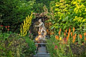 MALVERLEYS, HAMPSHIRE: SUMMER, RILLS, CANAL, WATER, FOUNTAINS, GROTTO BY SIMON PETIFER, NEPTUNE STATUE, FORMAL, GARDEN, VISTA, FOCAL POINT, VERBASCUM, KNIPHOFIA FIERY FRED