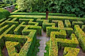 HAMPTON COURT CASTLE, HEREFORDSHIRE: YEW MAZE. TAXUS, LABYRINTH, CLIPPED, TRIMMED, HEDGES, MAZES, GREEN, PATTERNS, SHRUBS
