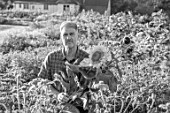 ASTON POTTERY, OXFORDSHIRE: BLACK AND WHITE PHOTOGRAPH OF STEPHEN BAUGHAN HOLDING SUNFLOWERS IN THE ANNUAL BORDERS, SUMMER, AUGUST