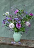 CLAUS DALBY GARDEN, DENMARK: BOUQUET OF FLOWERS BY CLAUS DALBY IN PINK AND WHITE - DAHLIA EVELYNE AND BLUE BOY, VERBENAS, THALICTRUM, PHLOX, SWEET PEAS