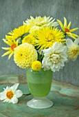 YELLOW THEMED CONTAINER PLANTED WITH DAHLIAS. FLOWER, ARRANGEMENTS, CUT, CUTTING, GARDEN, DISPLAYS
