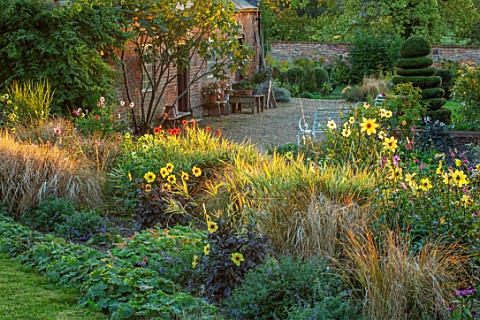 KELMARSH_HALL_NORTHAMPTONSHIRE_BORDER_WITH_DAHLIAS_AND_GRASSES_GRAVEL_PATH_BESIDE_GLASSHOUSE_CLIPPED