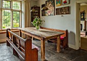 ALHAM FARM, SOMERSET: CORNISHWARE: FARMHOUSE DINING ROOM - CHURCH PEWS, FLOWERS FROM COMMON FARM FLOWERS, DINING TABLE, ENGLISH, COUNTRY, COTTAGE