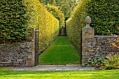 RADCOT HOUSE, OXFORDSHIRE: NORTH SOUTH AXIS OF GARDEN. WALLS, GATES, BEECH AVENUE, LAWNS, PATHS, FINIALS, HEDGES, HEDGING