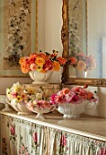 FLOWERS FROM THE FARM, MARBURY HALL, DESIGNER SOFIE PATON-SMITH: FLOWER ROOM - CONSTANCE SPRY VASES WITH DAHLIAS. CUT FLOWERS, CUTTING, DISPLAYS, MIRROR