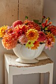 FLOWERS FROM THE FARM, MARBURY HALL, DESIGNER SOFIE PATON-SMITH: FLOWER ROOM - CONSTANCE SPRY VASE WITH DAHLIAS. CUT FLOWERS, CUTTING, DISPLAYS