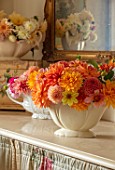 FLOWERS FROM THE FARM, MARBURY HALL, DESIGNER SOFIE PATON-SMITH: FLOWER ROOM - CONSTANCE SPRY VASES WITH DAHLIAS. CUT FLOWERS, CUTTING, DISPLAYS, MIRROR