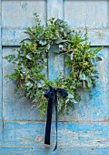 FLOWERS FROM THE FARM, MARBURY HALL, DESIGNER SOFIE PATON-SMITH: NATURAL WREATH WITH BLUE RIBBON, BLUE DOOR