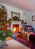 GIBBONS CROFT, WEST CLANDON, SURREY: CHRISTMAS - SITTING ROOM, RED AND WHITE, OPEN FIRE, CHRISTMAS TREE, MIRROR