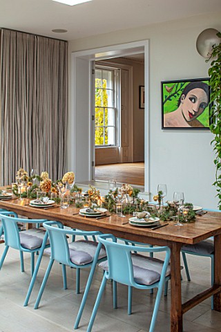GIBBONS_CROFT_WEST_CLANDON_SURREY_OPEN_PLAN_KITCHEN_DINING_ROOM_TABLE_BLUE_CHAIRS_CHRISTMAS_DECORATI