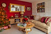 THE CONIFERS, OXFORDSHIRE: CHRISTMAS: COUNTRY, CLASSIC, LIVING ROOM, SITTING, ROOM, CUSHION, TREE, TABLE, MIRROR, DARK RED