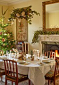 MARBURY HALL, SHROPSHIRE: DESIGNER SOFIE PATON-SMITH - DINING ROOM, VICTORIAN INSPIRED CHRISTMAS, FIREPLACE, TABLE, CHAIRS, DECEMBER, CLOUD, CHRISTMAS TREE
