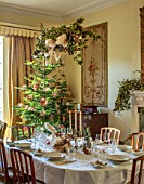 MARBURY HALL, SHROPSHIRE: DESIGNER SOFIE PATON-SMITH - DINING ROOM, VICTORIAN INSPIRED CHRISTMAS, FIREPLACE, TABLE, CHAIRS, DECEMBER, CLOUD, CHRISTMAS TREE