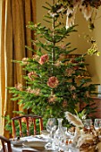 MARBURY HALL, SHROPSHIRE: DESIGNER SOFIE PATON-SMITH - DINING ROOM, VICTORIAN INSPIRED CHRISTMAS, CHRISTMAS TREE DECORATED WITH ALLIUMS AND HYDRANGEA SEED HEADS
