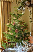 MARBURY HALL, SHROPSHIRE: DESIGNER SOFIE PATON-SMITH - DINING ROOM, VICTORIAN INSPIRED CHRISTMAS, CHRISTMAS TREE DECORATED WITH ALLIUMS AND HYDRANGEA SEED HEADS