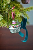 MARBURY HALL, SHROPSHIRE: DESIGNER SOFIE PATON-SMITH - SWEDISH CHRISTMAS, PALE BLUE DINING ROOM, DECORATION ON CHRISTMAS TREE