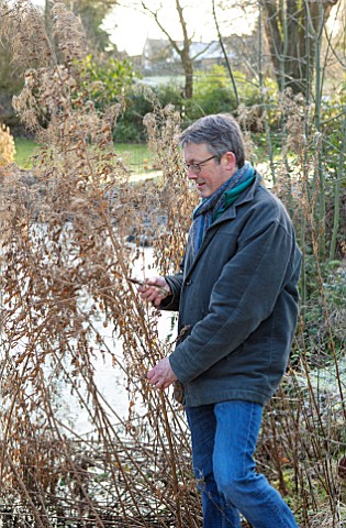 WARDINGTON_MANOR_OXFORDSHIRE_FLORIST_SHANE_CONNOLLY_CUTTING_FOLIAGE_IN_THE_GARDEN_SEED_HEADS_OF_ROSE