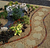 JAPANESE STYLE FRONT GARDEN WITH CURVED PATH AND STEPPING STONES IN GRAVEL. DESIGNED BY: JANE FEARNLEY-WHITTINGSTALL