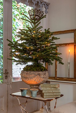 MERRYWOOD_JACKY_HOBBS_HOUSE_LONDON_DINING_AREA_STONE_URN_CHRISTMAS_TREE_CANDLES_VINTAGE_FRENCH_BOOKS