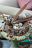 JACKY HOBBS HOUSE, LONDON: RUSTIC METAL VERDIGRIS URN, CONTAINER WITH BIRDS NEST AND QUAILS EGGS, PHEASANT FEATHERS