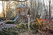 THE OLD RECTORY, QUINTON, NORTHAMPTONSHIRE: DESIGNER ANOUSHKA FEILER: FROST, WINTER, FROSTY GARDEN, BIRD HOUSE, TREEHOUSE, TREE HOUSE, HYDRANGEA, CHILDRENS, PLAY