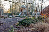 THE OLD RECTORY, QUINTON, NORTHAMPTONSHIRE: DESIGNER ANOUSHKA FEILER: FROST, WINTER, FROSTY GARDEN, BIRD HOUSE, TREEHOUSE, TREE HOUSE, HYDRANGEA, CHILDRENS, PLAY