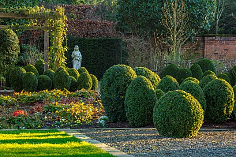 MORTON_HALL_WORCESTERSHIRE_CLIPPED_TOPIARY_BOX_BALLS_BESIDE_GRAVEL_DRIVE_STATUE_WINTER_FEBRUARY_ENGL