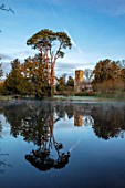 THENFORD GARDENS & ARBORETUM, NORTHAMPTONSHIRE: REFLECTION OF CHURCH ON LAKE, POOL, POND, WATER, SPRING